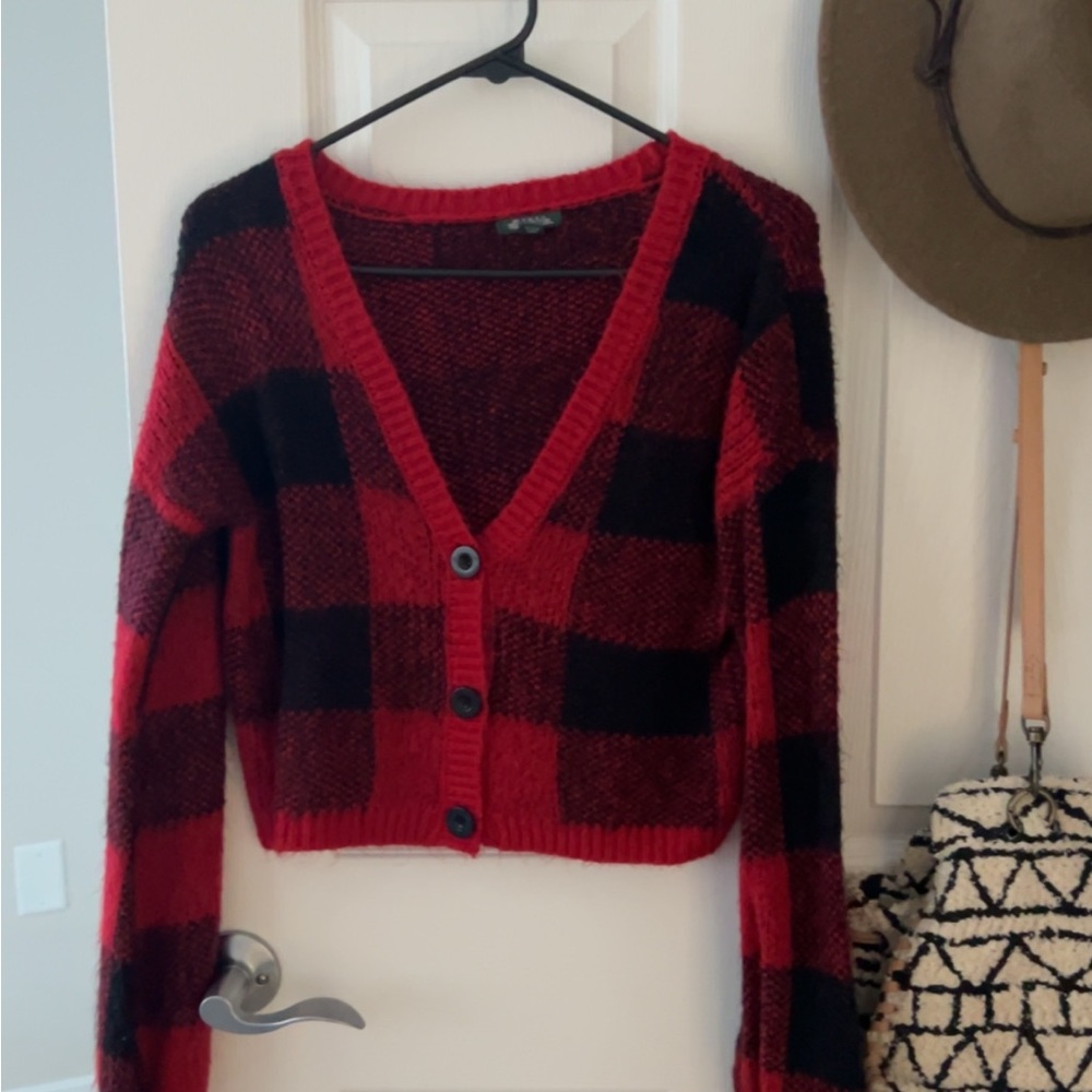 Wild Fable Red and Black Checkered Cardigan